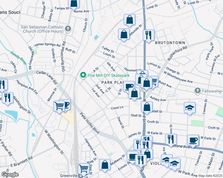 map of restaurants, bars, coffee shops, grocery stores, and more near in Greenville