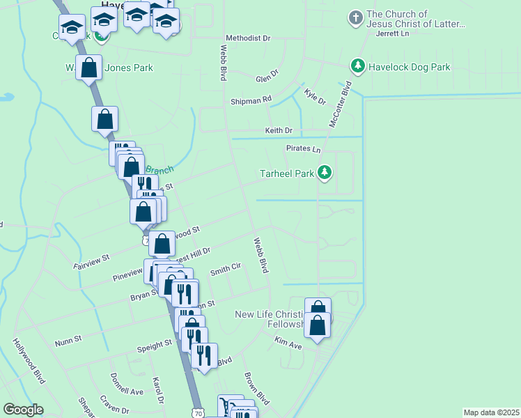 map of restaurants, bars, coffee shops, grocery stores, and more near 102 Leslie Lane in Havelock