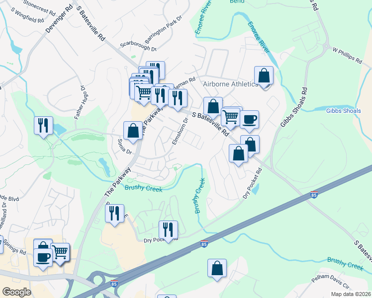 map of restaurants, bars, coffee shops, grocery stores, and more near 907 Pelham Square Way in Greer