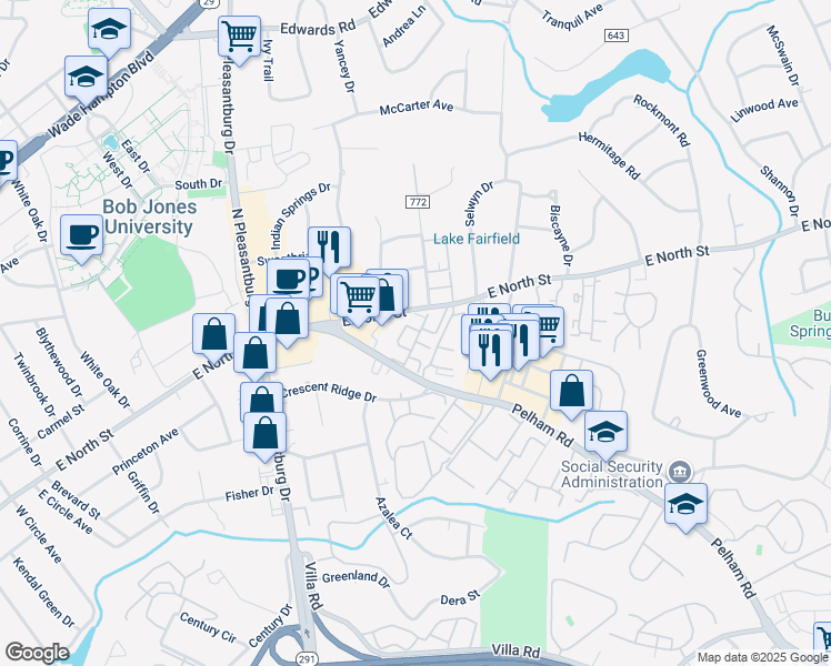 map of restaurants, bars, coffee shops, grocery stores, and more near 11 Willowick Apartment in Greenville