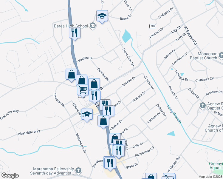 map of restaurants, bars, coffee shops, grocery stores, and more near 423 Lily Street in Greenville