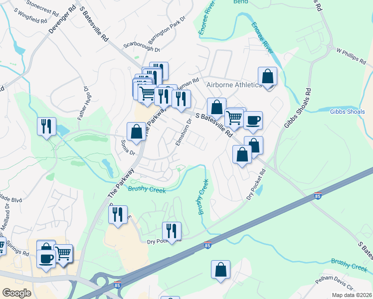 map of restaurants, bars, coffee shops, grocery stores, and more near 907 Pelham Square Way in Greer