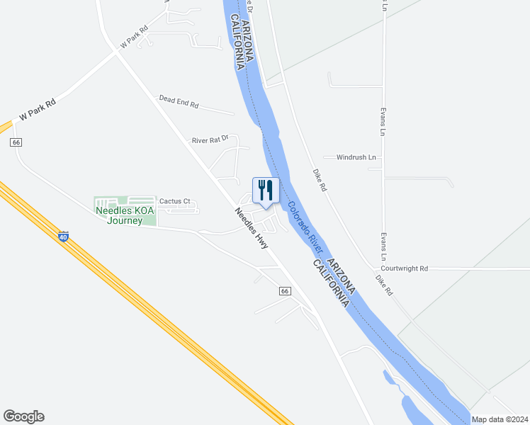 map of restaurants, bars, coffee shops, grocery stores, and more near 3520 Needles Highway in Needles