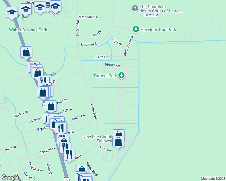 map of restaurants, bars, coffee shops, grocery stores, and more near 113 Cindy Lane in Havelock