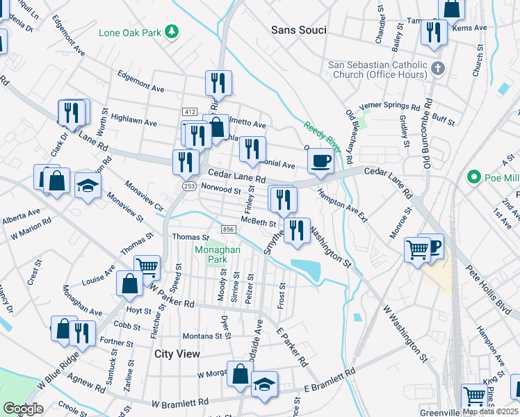 map of restaurants, bars, coffee shops, grocery stores, and more near 10 Donaldson Street in Greenville