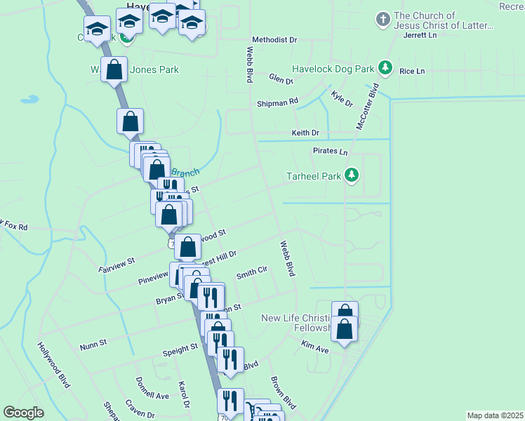 map of restaurants, bars, coffee shops, grocery stores, and more near 217 Dogwood Street in Havelock