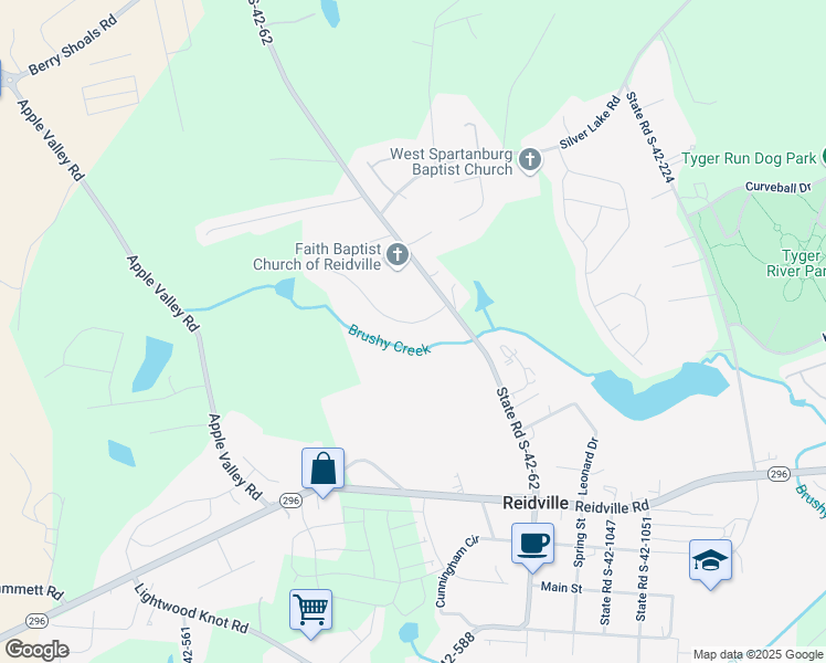 map of restaurants, bars, coffee shops, grocery stores, and more near 117 Stone Gate Drive in Reidville