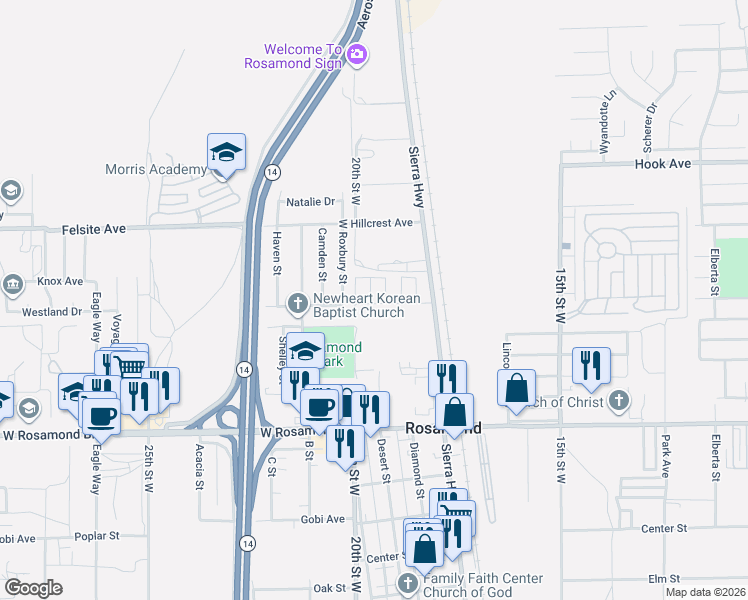 map of restaurants, bars, coffee shops, grocery stores, and more near 3303 Sierra Highway in Rosamond