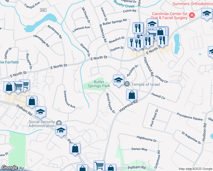 map of restaurants, bars, coffee shops, grocery stores, and more near 303 Butler Springs Road in Greenville