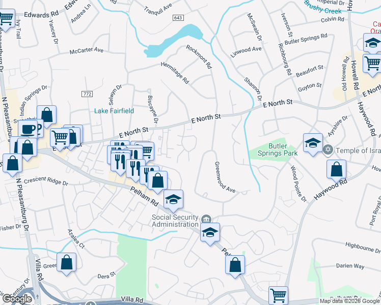 map of restaurants, bars, coffee shops, grocery stores, and more near 508 Rockmont Road in Greenville