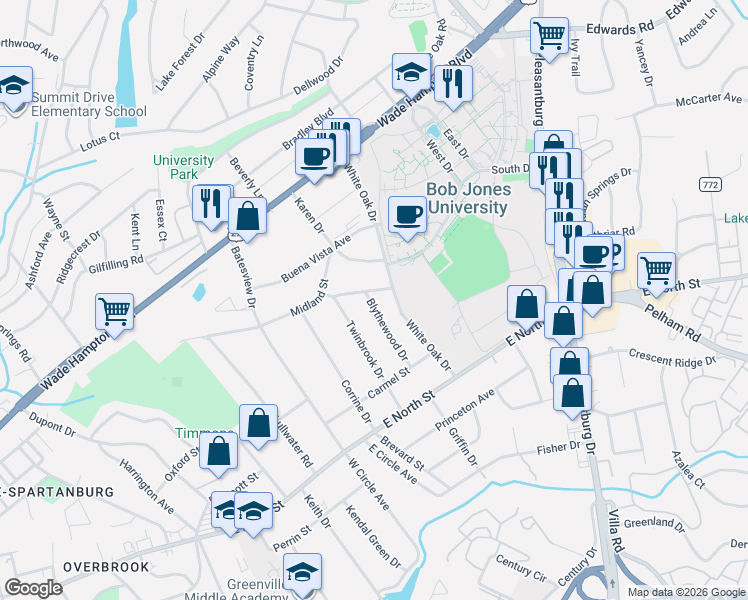 map of restaurants, bars, coffee shops, grocery stores, and more near 40 Blythewood Drive in Greenville