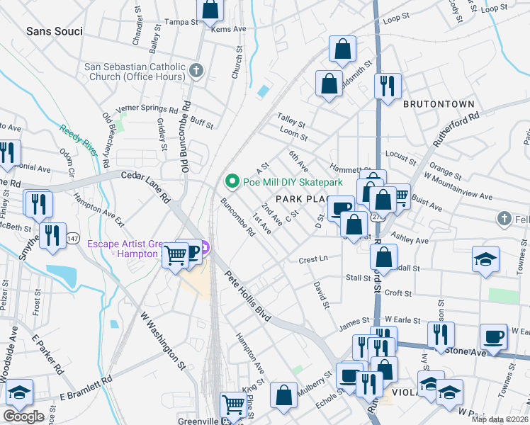 map of restaurants, bars, coffee shops, grocery stores, and more near 12 B Street in Greenville