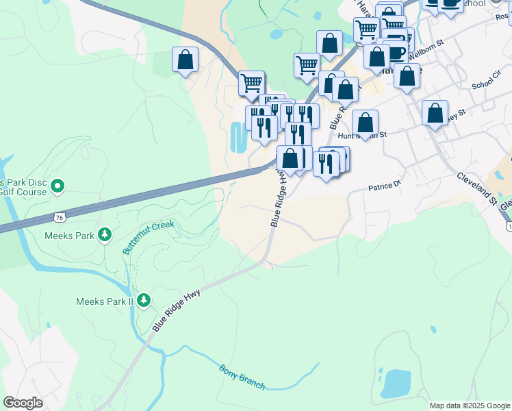 map of restaurants, bars, coffee shops, grocery stores, and more near 33 Nantahala Lane in Blairsville