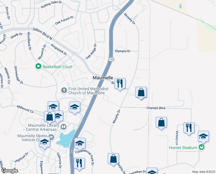 map of restaurants, bars, coffee shops, grocery stores, and more near 100 Bringler Drive in Maumelle