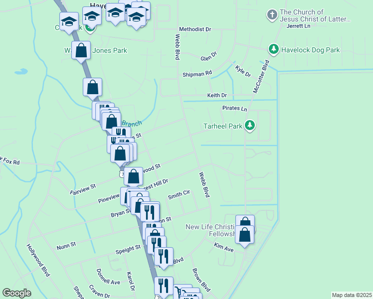 map of restaurants, bars, coffee shops, grocery stores, and more near 217 Dogwood Street in Havelock