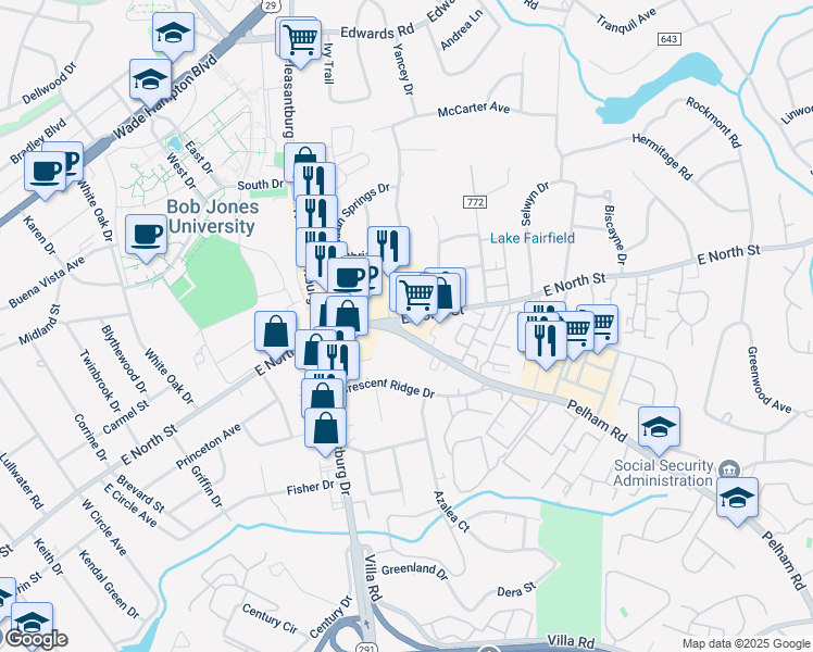 map of restaurants, bars, coffee shops, grocery stores, and more near 3 Pelham Road in Greenville