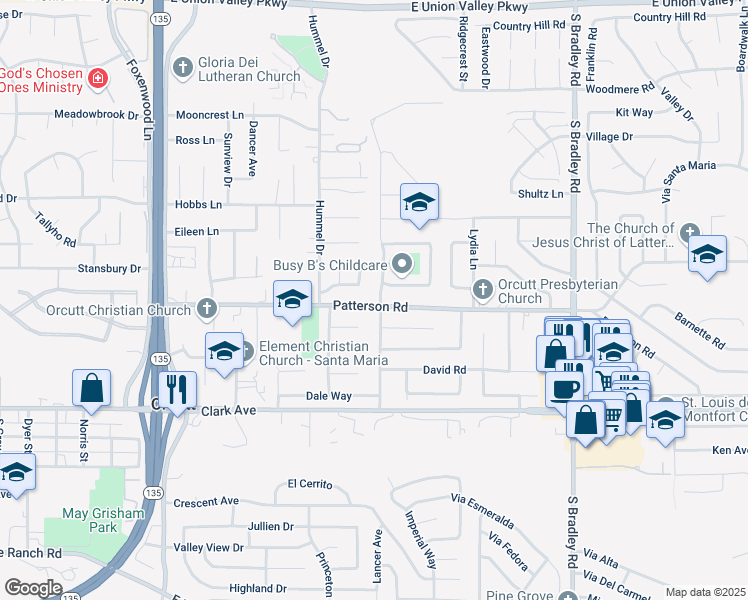 map of restaurants, bars, coffee shops, grocery stores, and more near 651 Patterson Road in Santa Maria