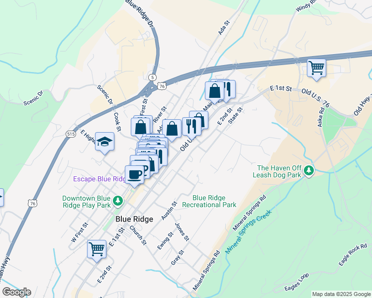 map of restaurants, bars, coffee shops, grocery stores, and more near 3586 East 1st Street in Blue Ridge