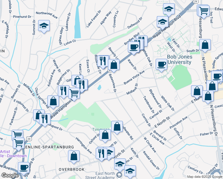 map of restaurants, bars, coffee shops, grocery stores, and more near 223 Batesview Drive in Greenville