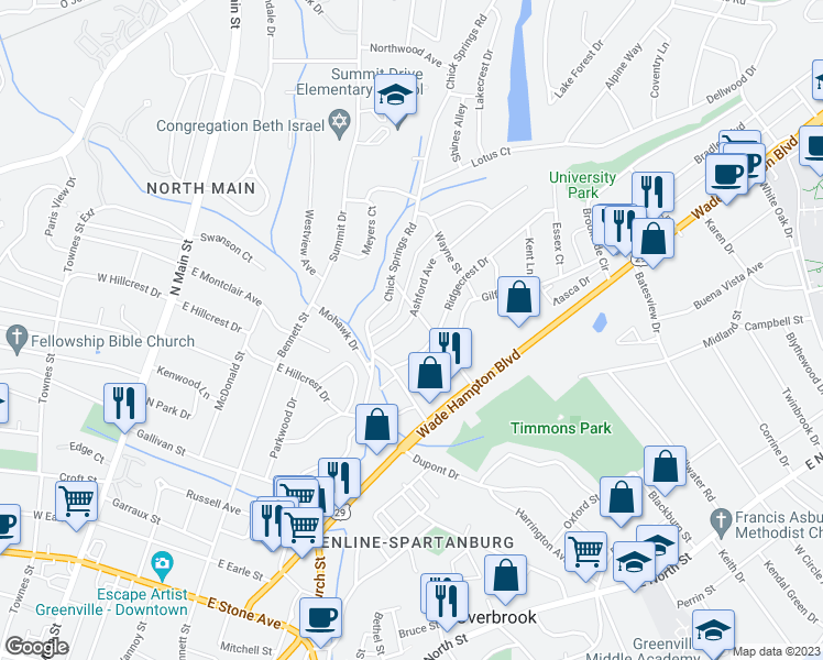 map of restaurants, bars, coffee shops, grocery stores, and more near 18 Ashford Avenue in Greenville