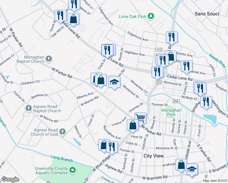 map of restaurants, bars, coffee shops, grocery stores, and more near 10 Monaview Street in Greenville