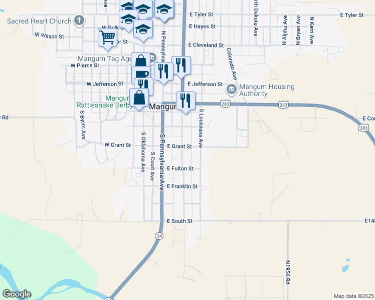 map of restaurants, bars, coffee shops, grocery stores, and more near 400 South Louis Tittle in Mangum