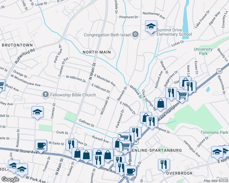 map of restaurants, bars, coffee shops, grocery stores, and more near 502 McDonald Street in Greenville