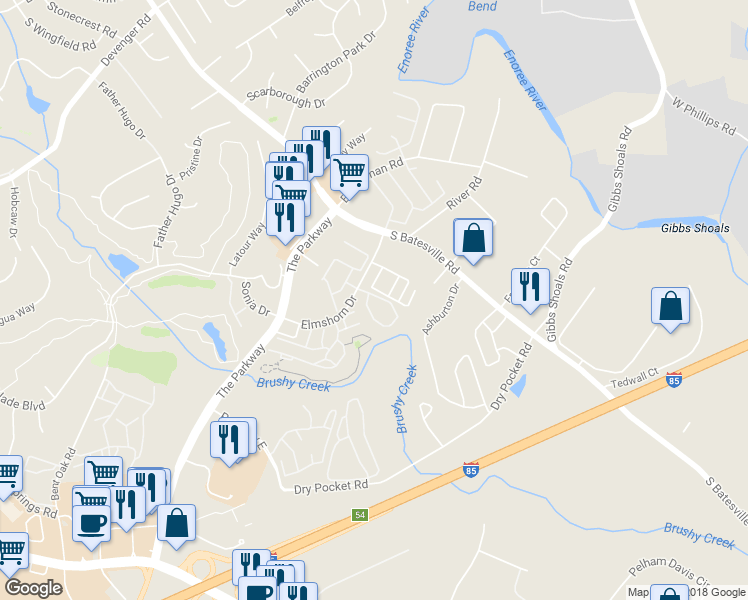 map of restaurants, bars, coffee shops, grocery stores, and more near 907 Pelham Square Way in Greer