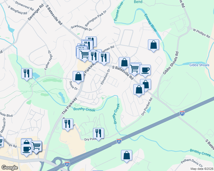 map of restaurants, bars, coffee shops, grocery stores, and more near 907 Pelham Square Way in Greer