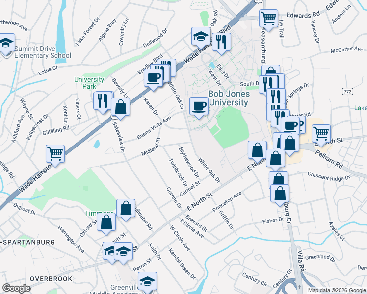 map of restaurants, bars, coffee shops, grocery stores, and more near 40 Blythewood Drive in Greenville