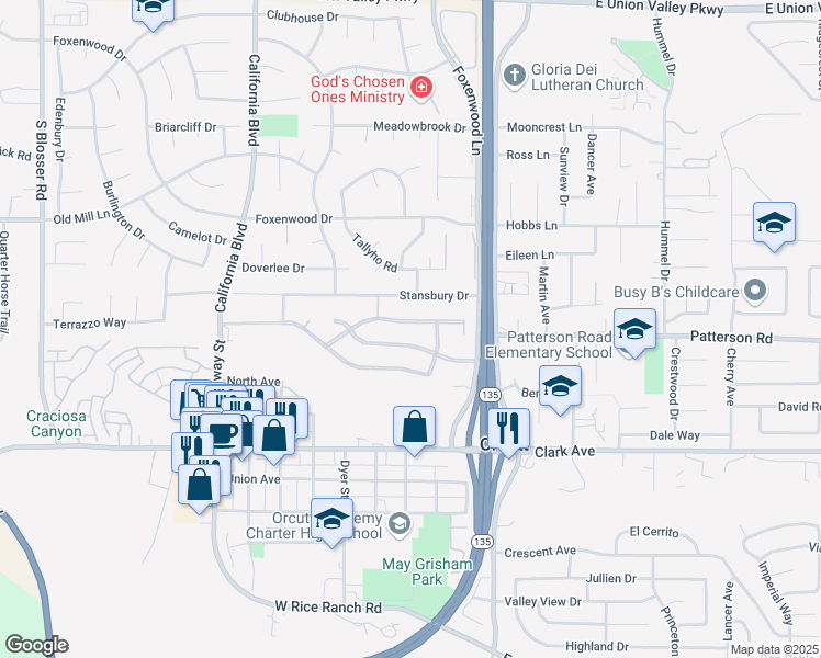 map of restaurants, bars, coffee shops, grocery stores, and more near 322 Cain Drive in Santa Maria