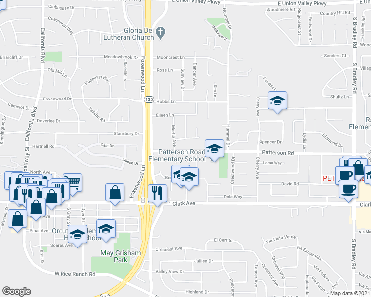map of restaurants, bars, coffee shops, grocery stores, and more near 283 Patterson Road in Santa Maria