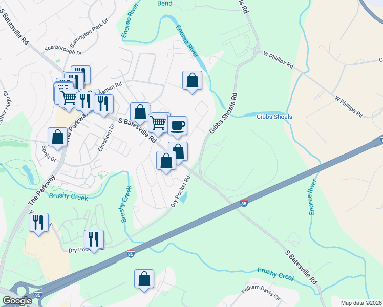 map of restaurants, bars, coffee shops, grocery stores, and more near 2275 Gibbs Shoals Road in Greer
