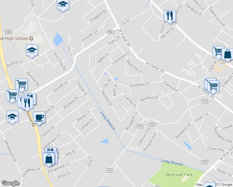 map of restaurants, bars, coffee shops, grocery stores, and more near 101 Fairfax Drive in Greenville