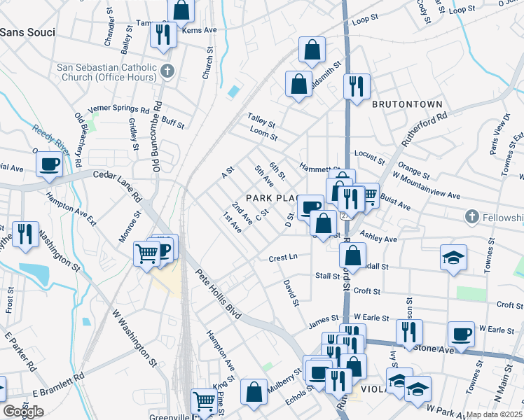 map of restaurants, bars, coffee shops, grocery stores, and more near 225 3rd Avenue in Greenville