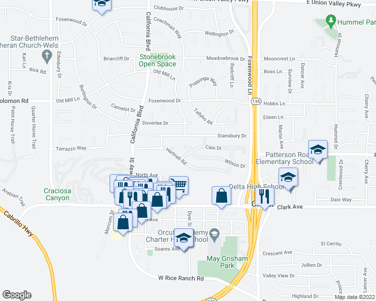 map of restaurants, bars, coffee shops, grocery stores, and more near 460 Wilson Court in Santa Maria