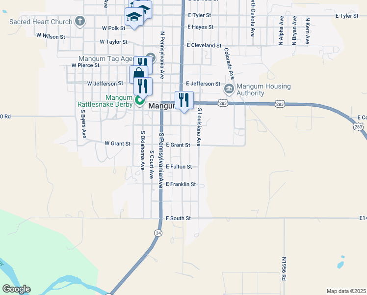 map of restaurants, bars, coffee shops, grocery stores, and more near 400 South Louis Tittle in Mangum