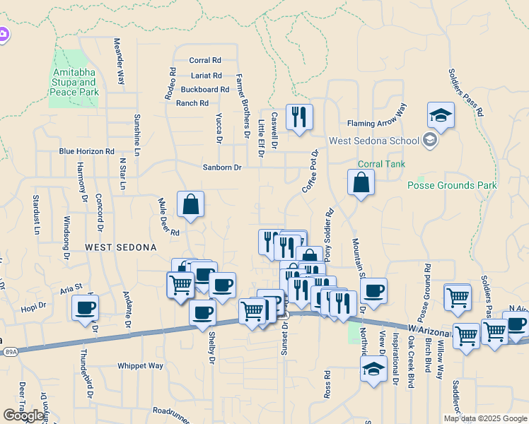 map of restaurants, bars, coffee shops, grocery stores, and more near 40 Grasshopper Lane in Sedona