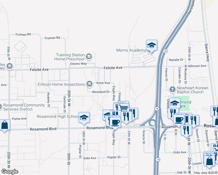 map of restaurants, bars, coffee shops, grocery stores, and more near 3324 Dale Court in Rosamond