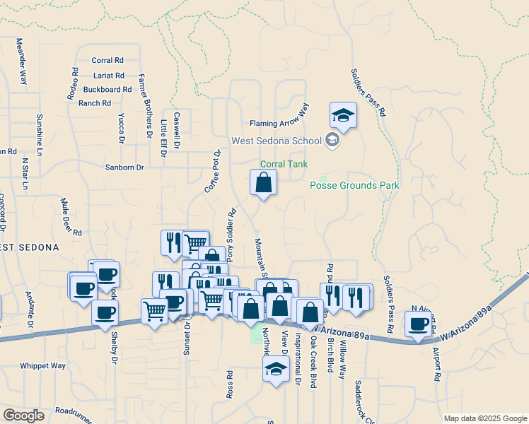 map of restaurants, bars, coffee shops, grocery stores, and more near 25 San Jose Circle in Sedona