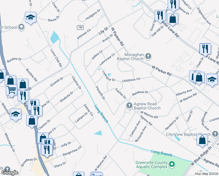 map of restaurants, bars, coffee shops, grocery stores, and more near 101 Fairfax Drive in Greenville