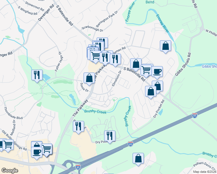 map of restaurants, bars, coffee shops, grocery stores, and more near 417 Welsh Poppy Way in Greer