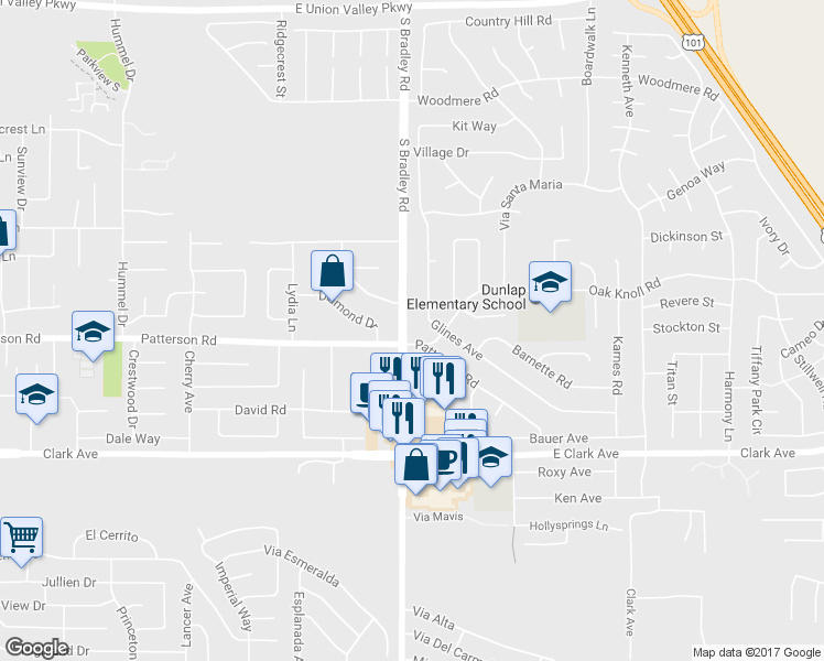 map of restaurants, bars, coffee shops, grocery stores, and more near 4682 South Bradley Road in Santa Maria