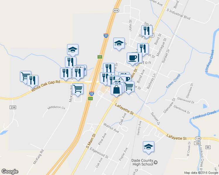 map of restaurants, bars, coffee shops, grocery stores, and more near 5342 Georgia 136 in Trenton