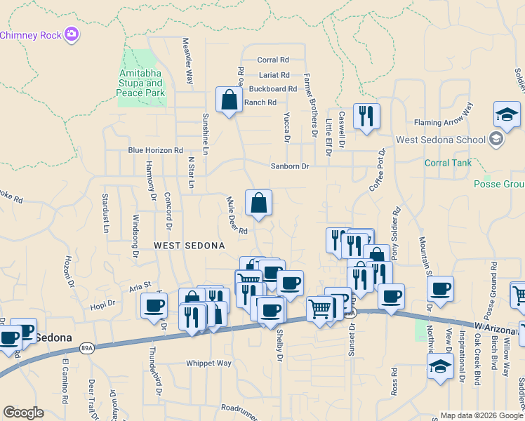 map of restaurants, bars, coffee shops, grocery stores, and more near 2315 Vista Dr in Sedona