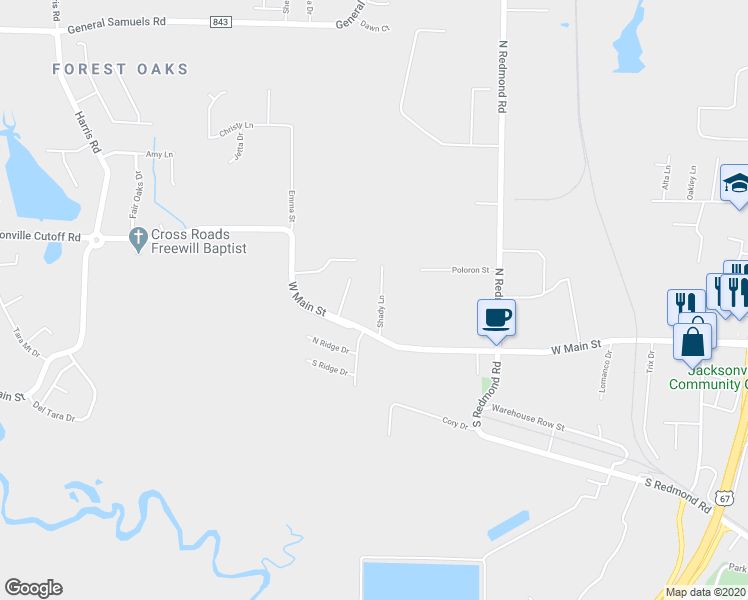 map of restaurants, bars, coffee shops, grocery stores, and more near 7 Shady Lane in Jacksonville