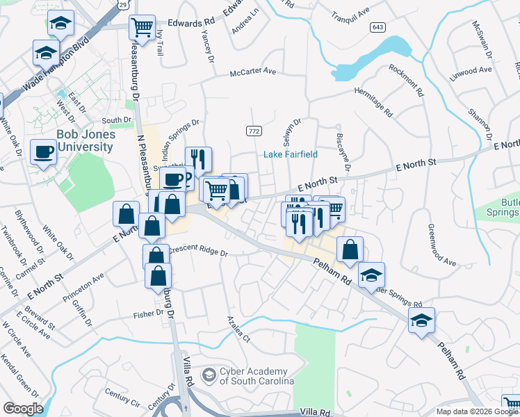 map of restaurants, bars, coffee shops, grocery stores, and more near 11 Willowick Apartment in Greenville