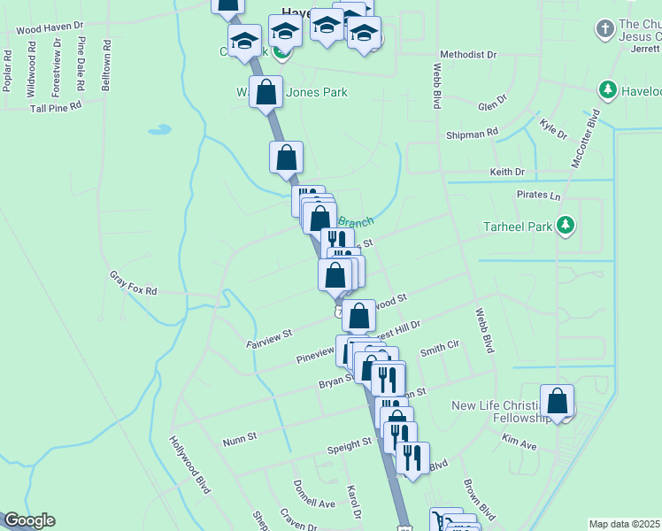 map of restaurants, bars, coffee shops, grocery stores, and more near 601 U.S. 70 in Havelock