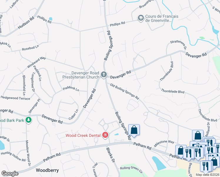 map of restaurants, bars, coffee shops, grocery stores, and more near 23776 Boiling Springs Road in Greer