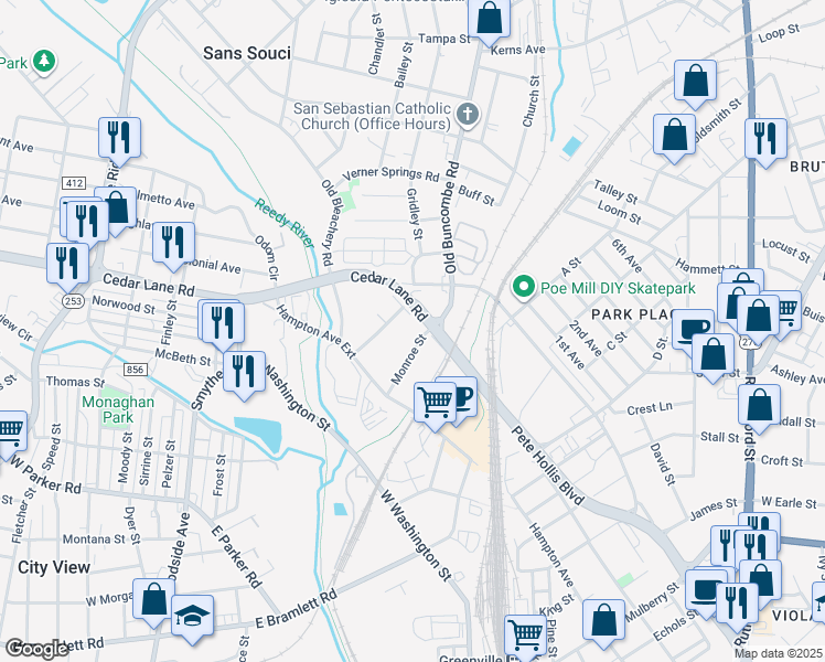 map of restaurants, bars, coffee shops, grocery stores, and more near 105 Lee Avenue in Greenville